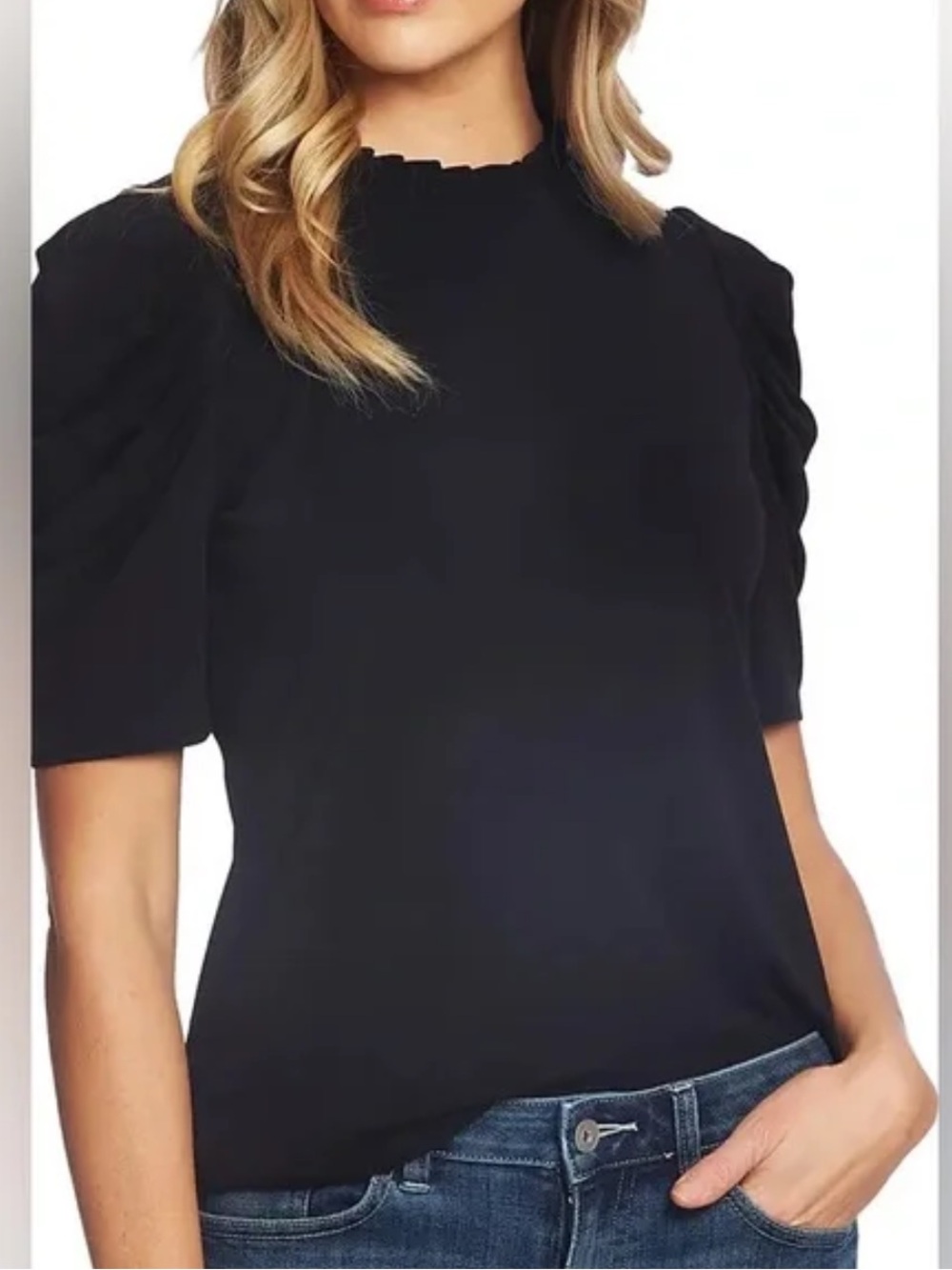 CeCe Black Puff Sleeve Mock Neck Top